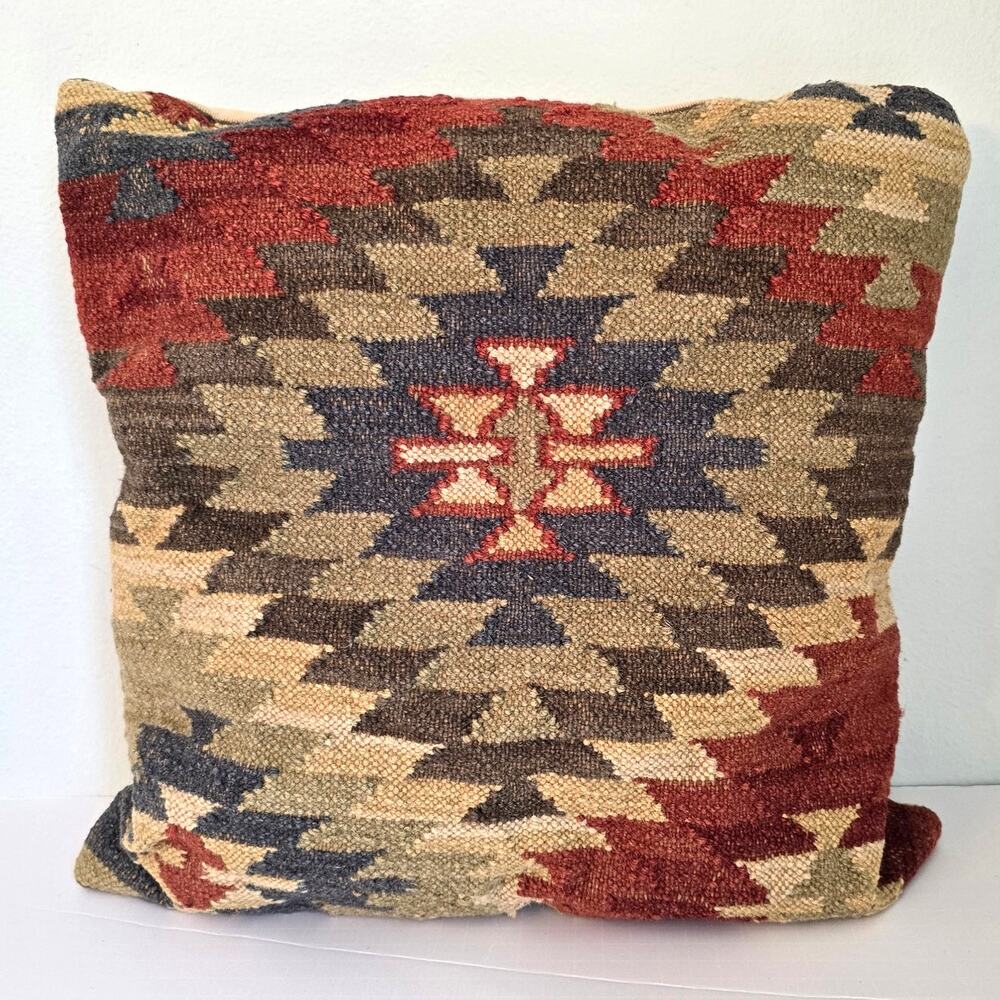 Pottery Barn Kilim Pillow 18" x 18" Wool Blend Feather Filled Southwestern Aztec